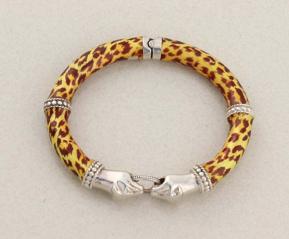 Sterling Silver Leopard Enamel Print Bangle Bracelet 6 3/4" inch